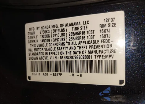 2008 Honda Odyssey Ex-L from USA, damaged, VIN 5FNRL38798B023081
